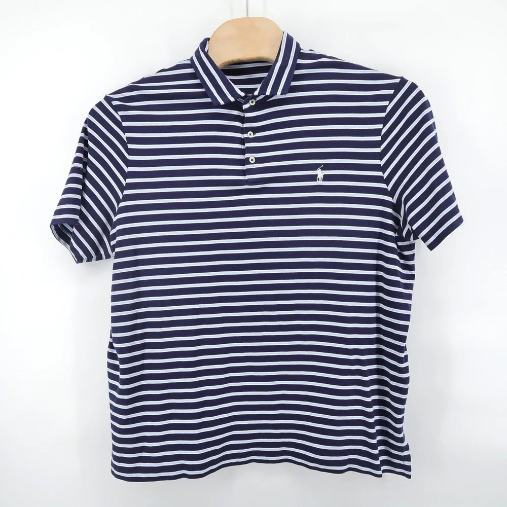 Polo Ralph Lauren Mens Striped Short Sleeve Polo‎ Shirt Navy Blue Light Blue XXL